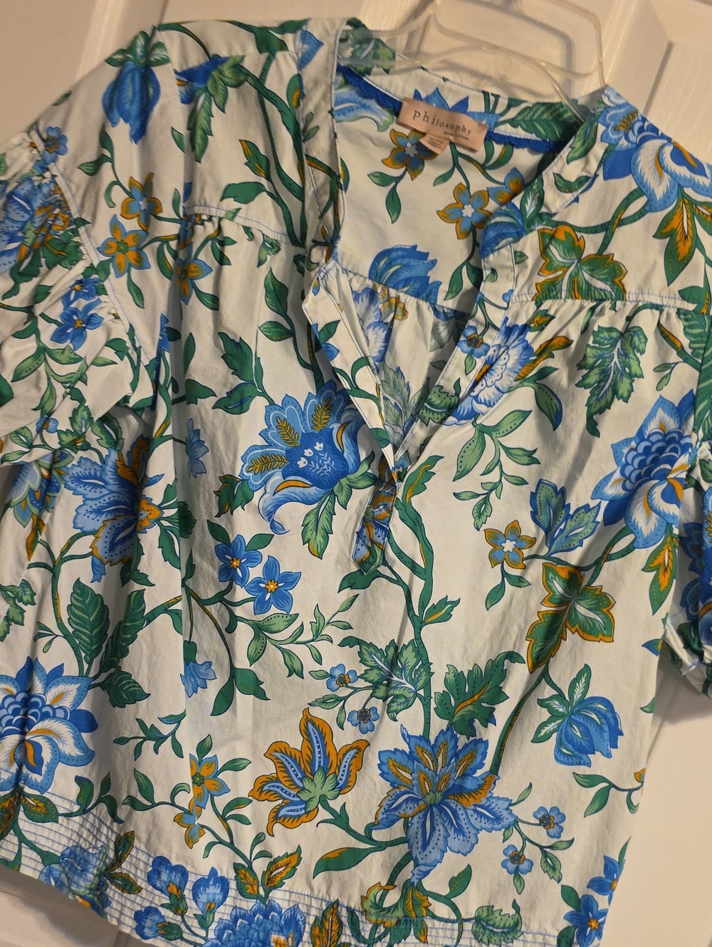 philosophy Floral Button-Front Cotton Top in Blue & Green